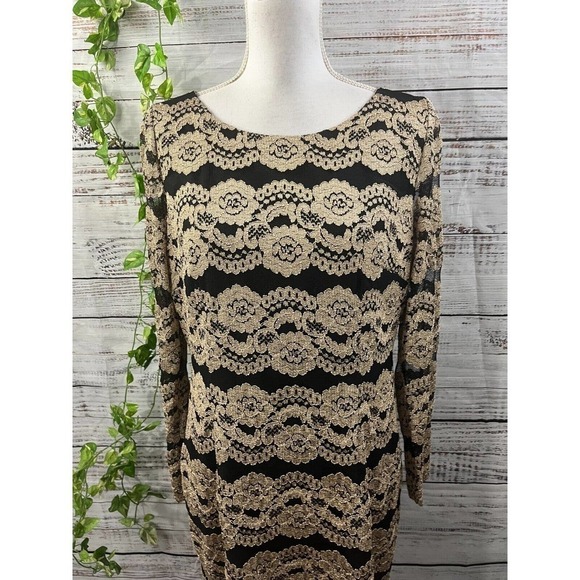 Cremieux Dress size 12 Gold Black Lace Straight Sheath Stretch Cocktail Knee - Picture 3 of 14